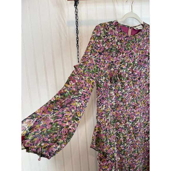 Leur Logette Silk Dress Pink & Green Watercolor Floral Ruffled Midi Dress Size S - Picture 2 of 6